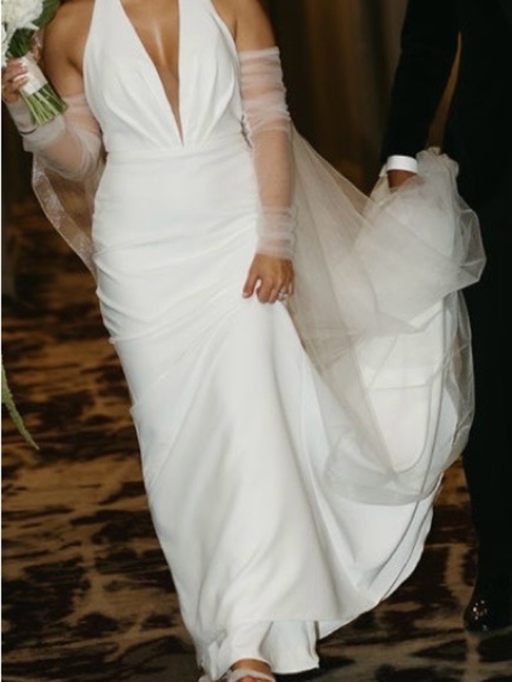 Plunging V-Neck White Wedding Gown with Sheer Draped Sleeves